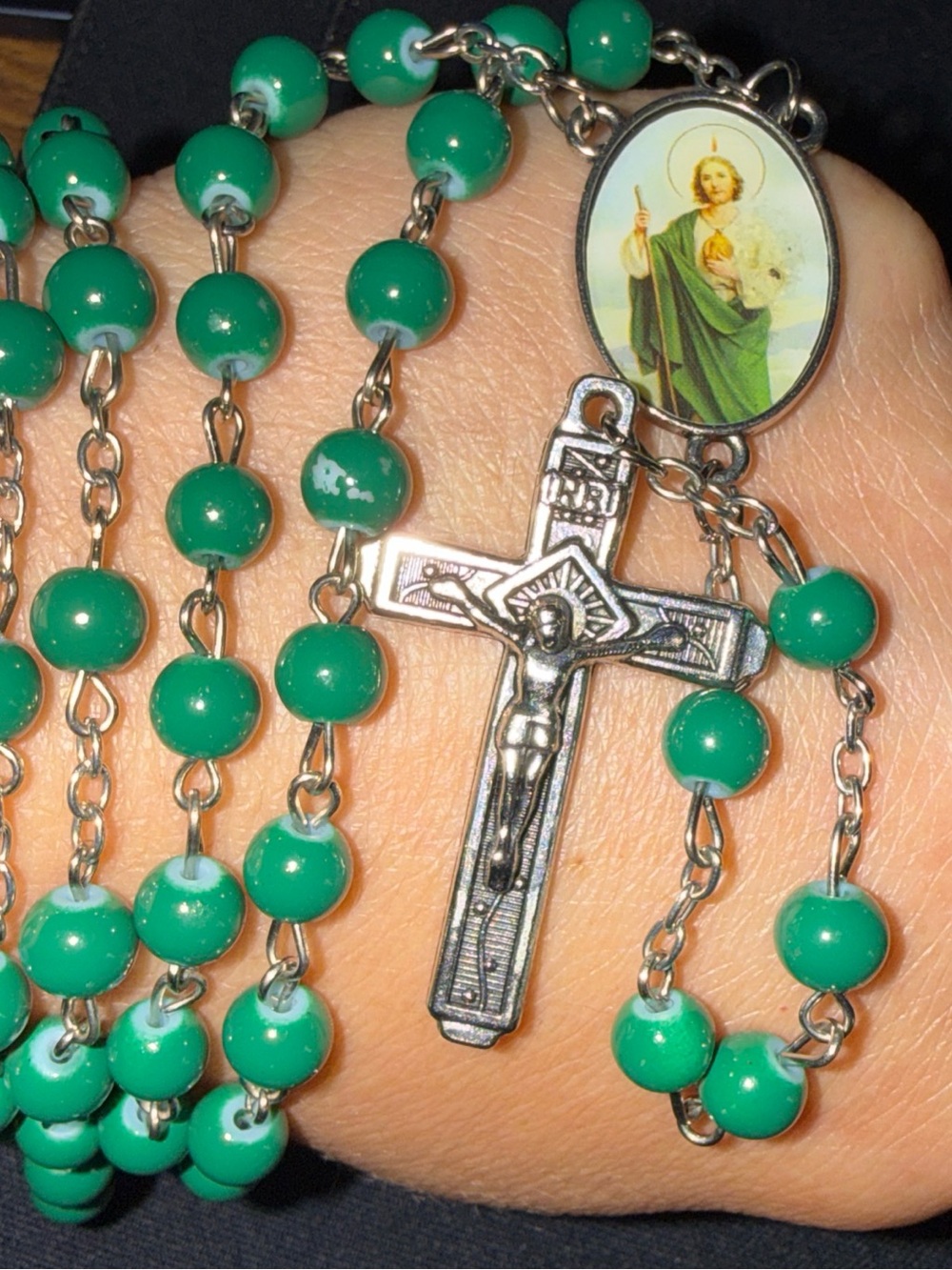 Green Catholic rosary beads plastic Saint Jude pray for us